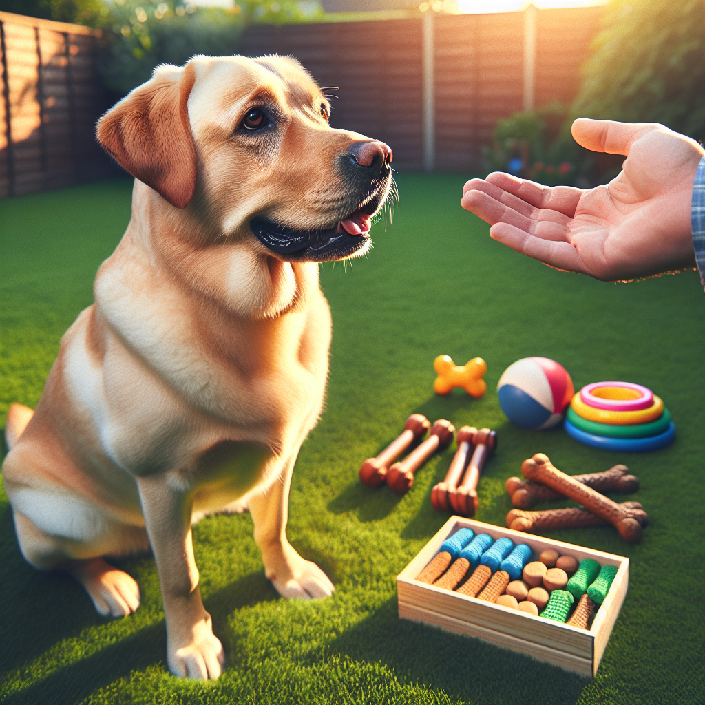 A well-trained Labrador Retriever sitting in a green backyard, waiting for a command from a human hand.