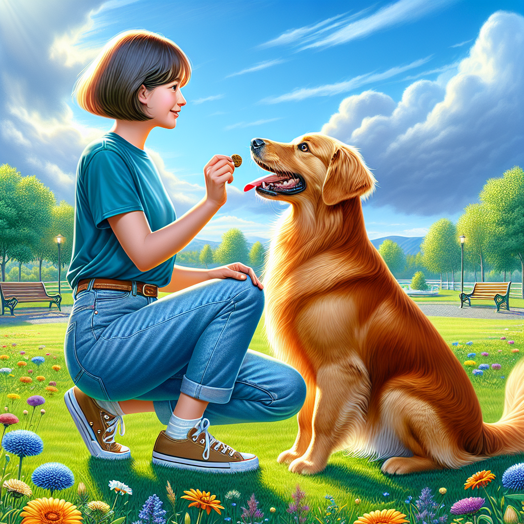 A trainer interacting with a Golden Retriever in a sunny park setting.