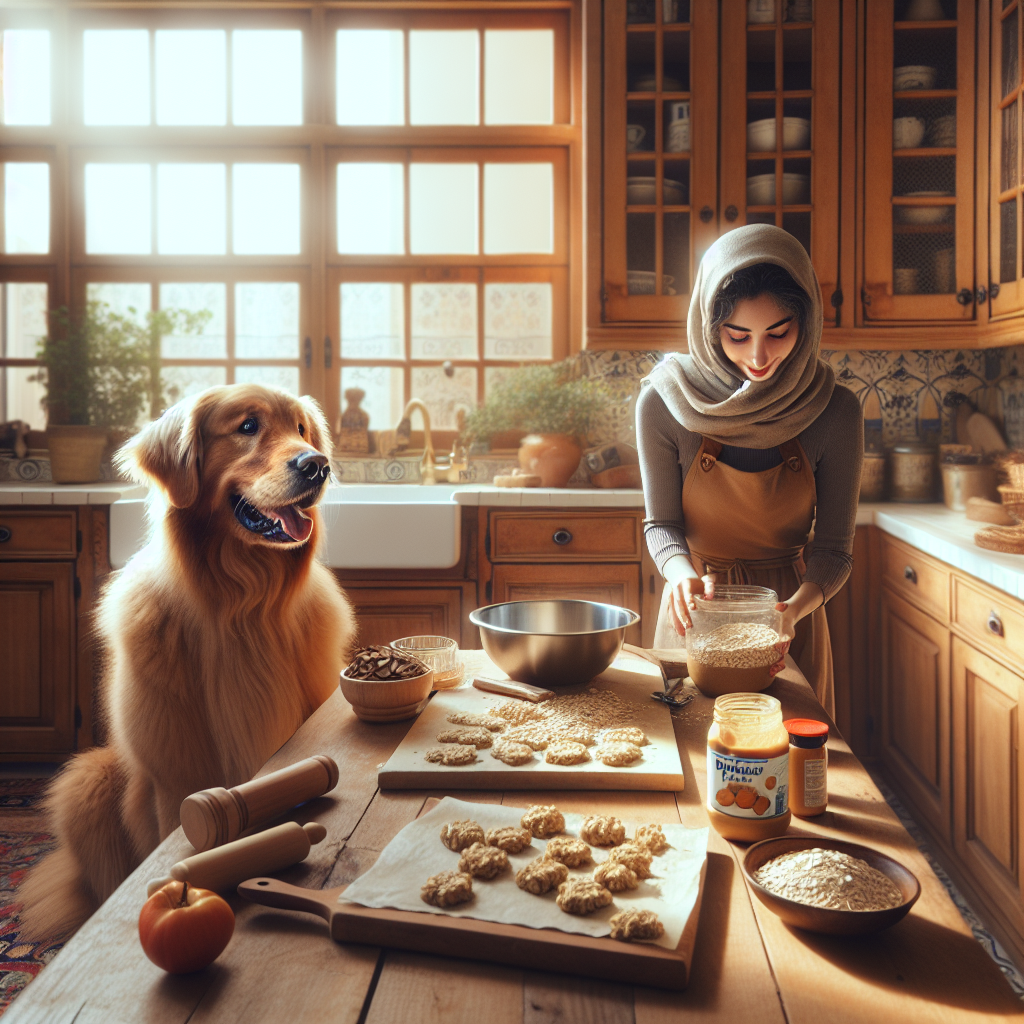 A cozy kitchen with a dog owner making homemade dog treats and a golden retriever watching.