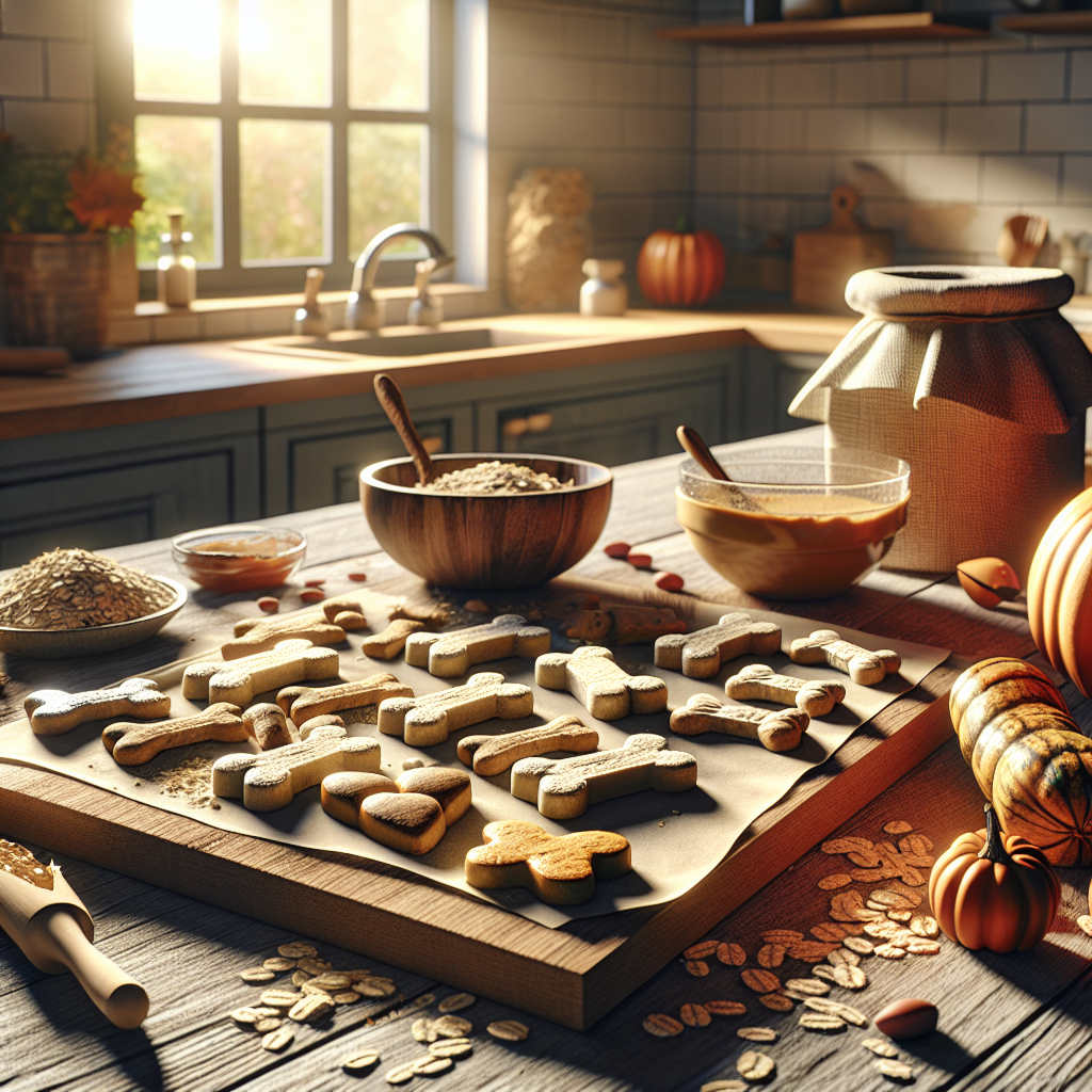 A cozy kitchen with homemade dog treats on a wooden table.