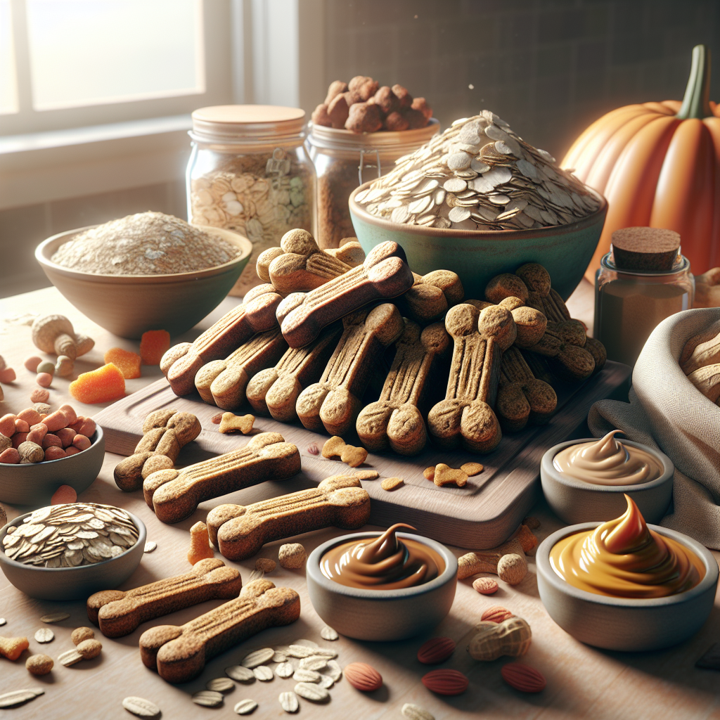 Homemade dog treats shaped like bones on a kitchen countertop with ingredients.