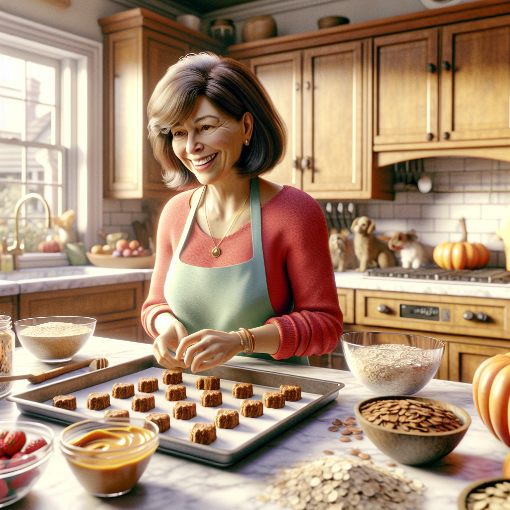 A woman in a cozy kitchen preparing homemade dog treats.