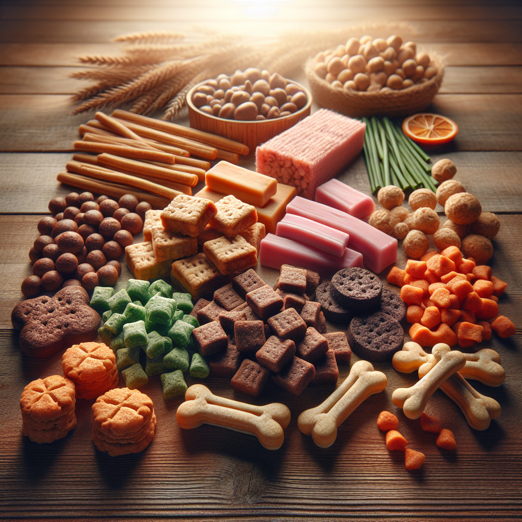 A selection of premium puppy treats in various shapes on a wooden surface.