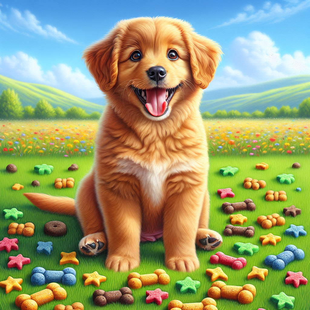 A happy puppy surrounded by colorful puppy treats on a green lawn.