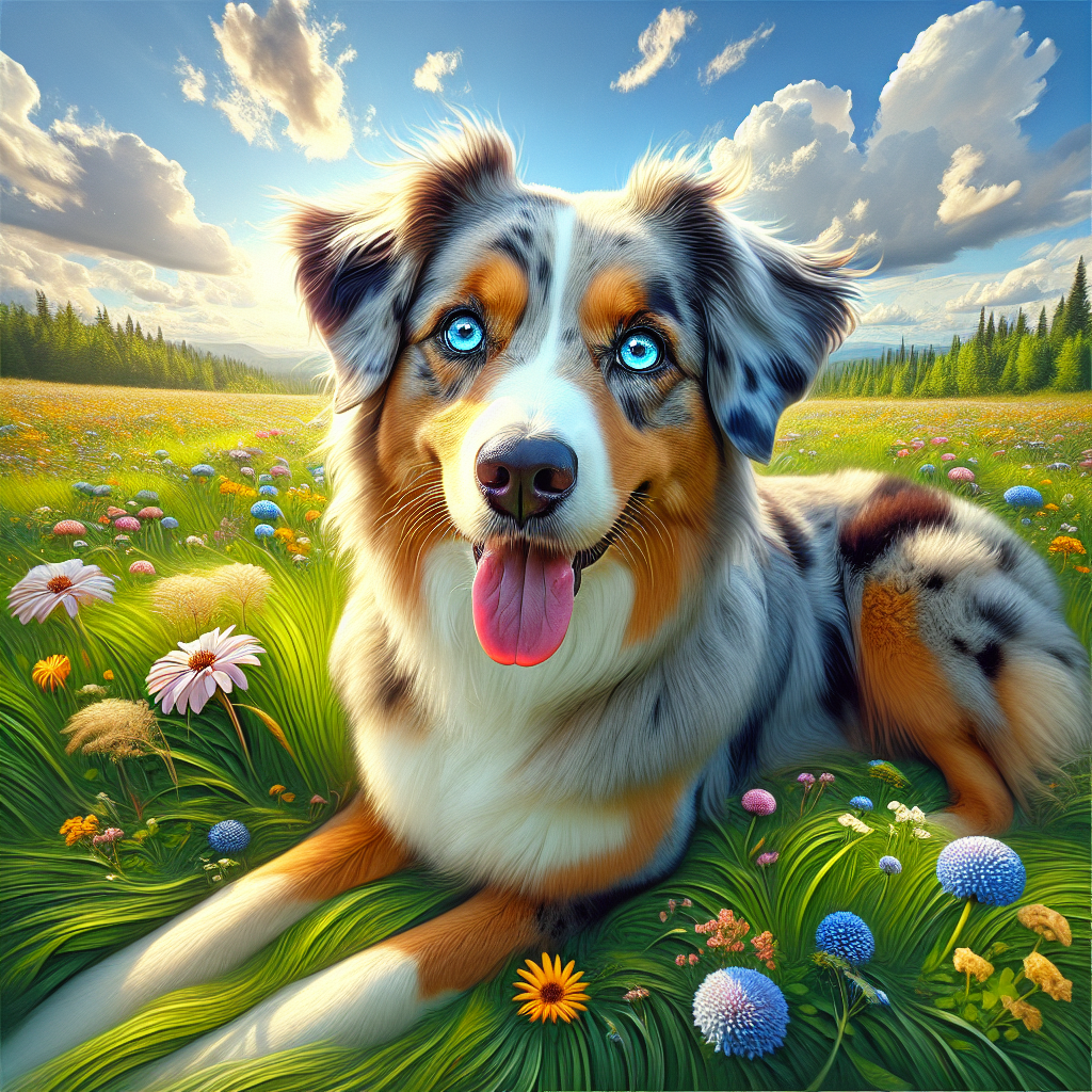 A playful Australian Shepherd dog in a colorful outdoor setting.