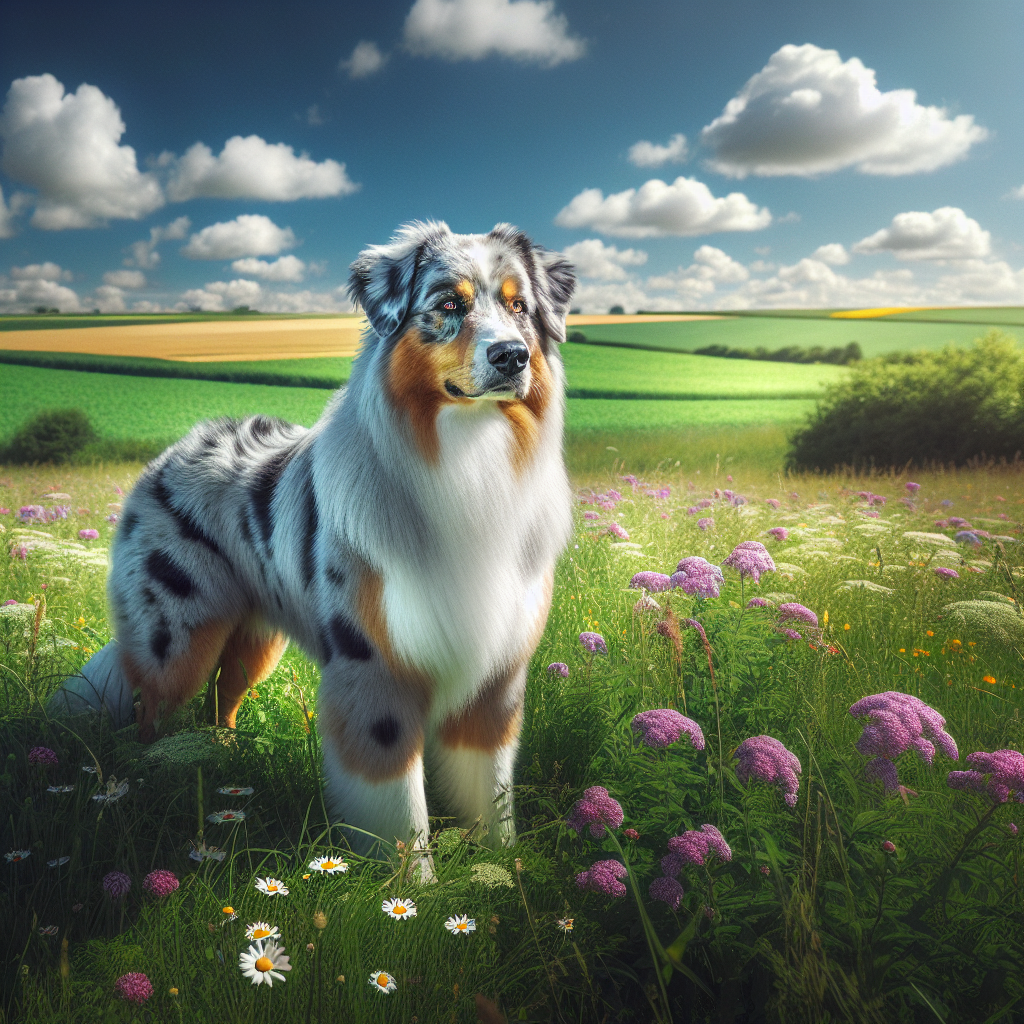 An Australian Shepherd dog in a green field with flowers and a blue sky.