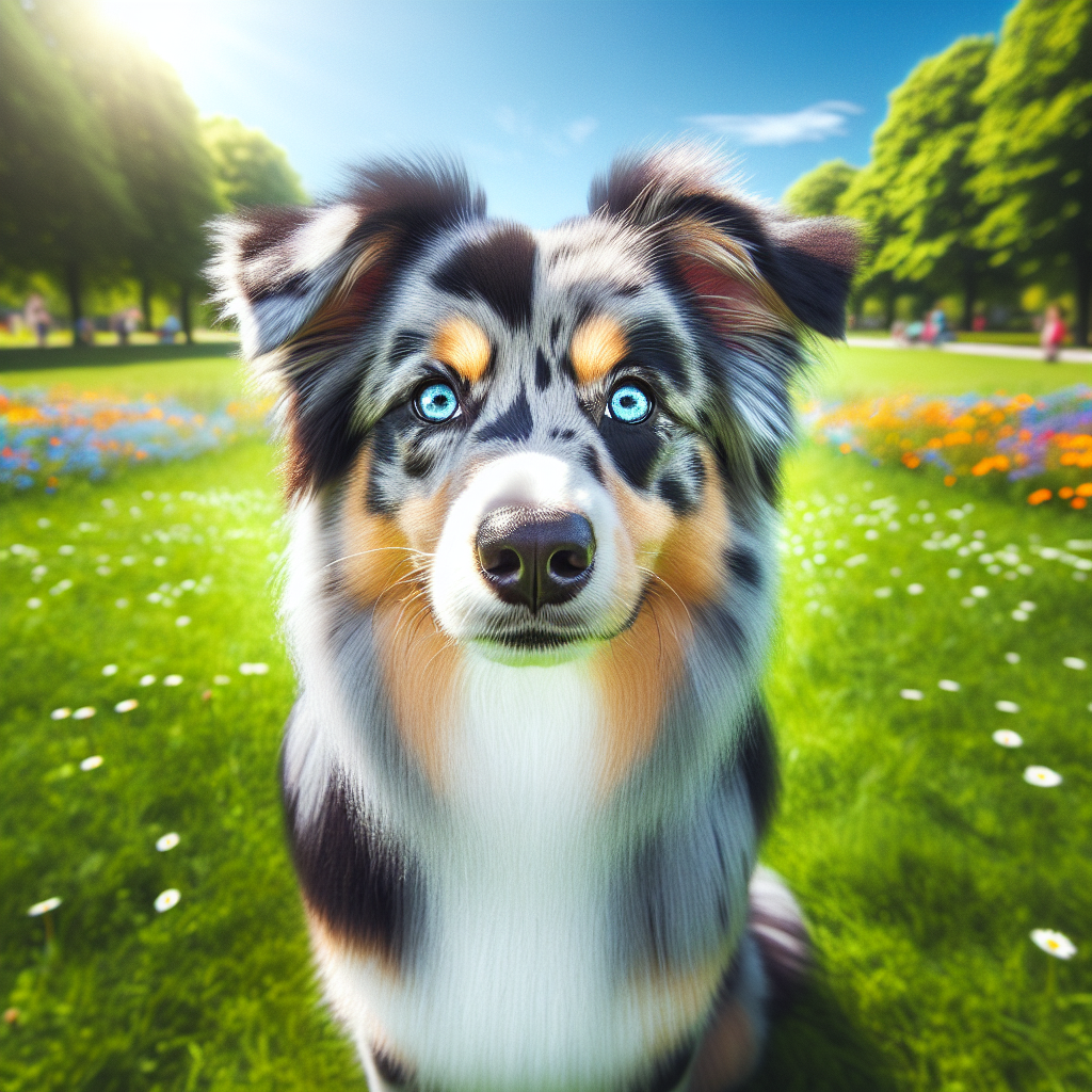 An Australian Shepherd dog in a green park with flowers.