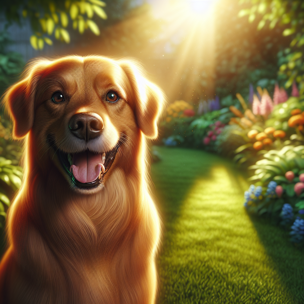 A happy golden-coated dog in a garden, symbolizing fresh breath and health.