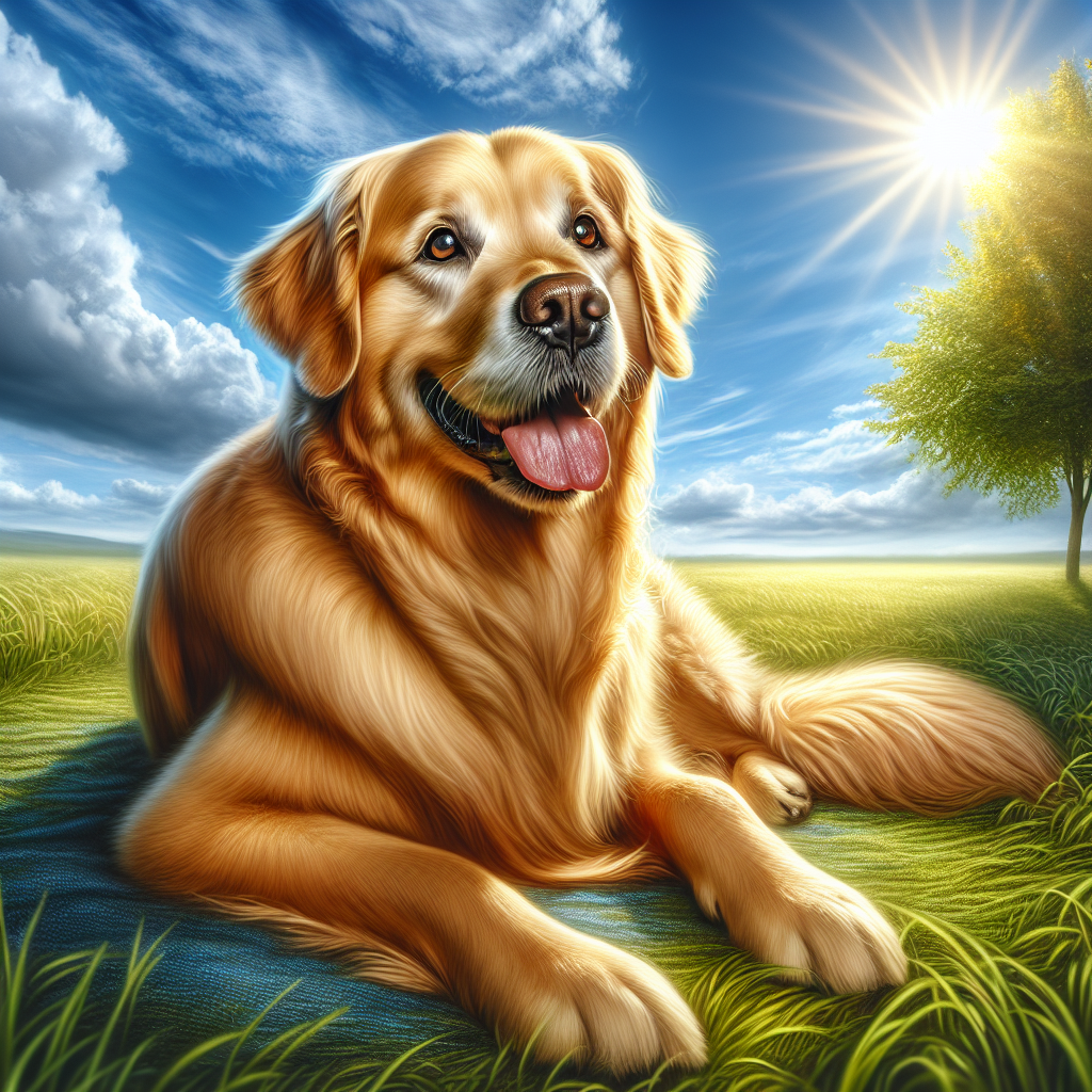 A happy golden retriever sitting on a green lawn with a bright blue sky.