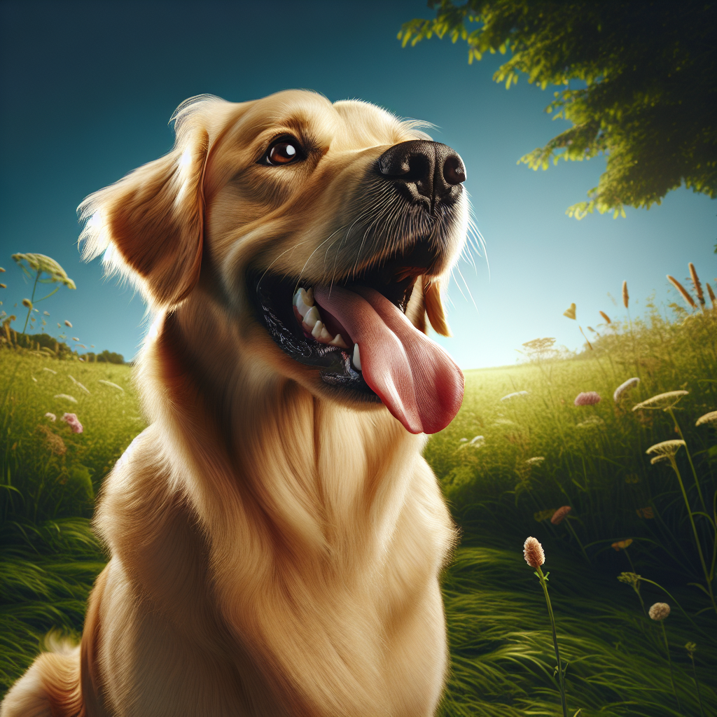 A golden retriever happily showing its teeth in a grassy landscape.