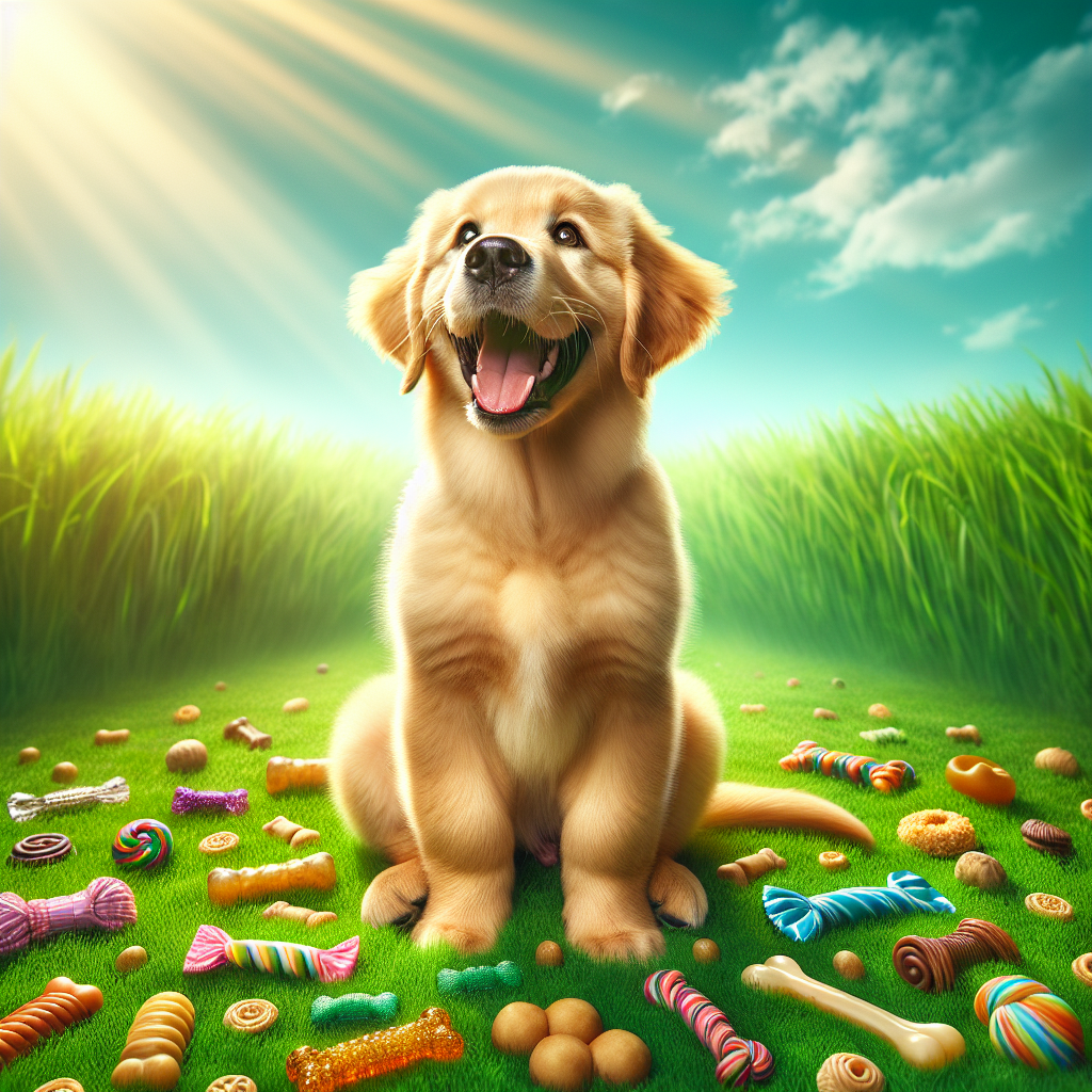 A golden retriever puppy surrounded by colorful dog treats in a sunny grassy field.