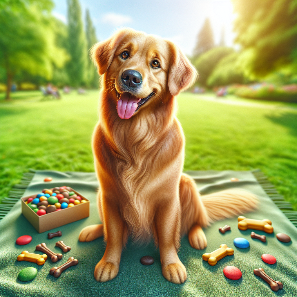 A golden retriever surrounded by colorful dog treats in a park.