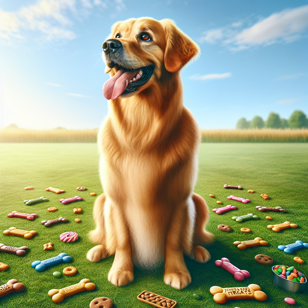 A golden retriever dog sitting on a grassy field surrounded by colorful dog treats.