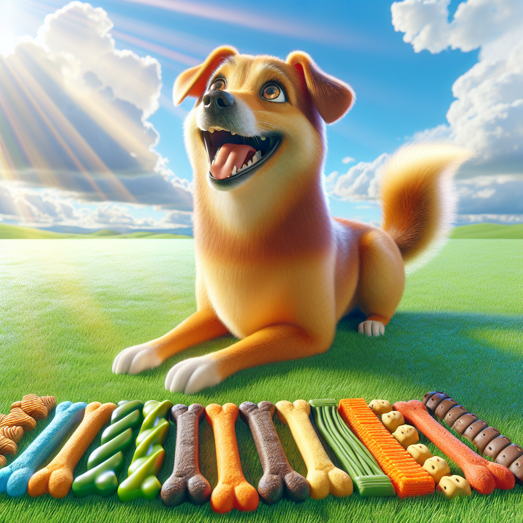 A happy golden dog looking at colorful dog treats on a grassy field.