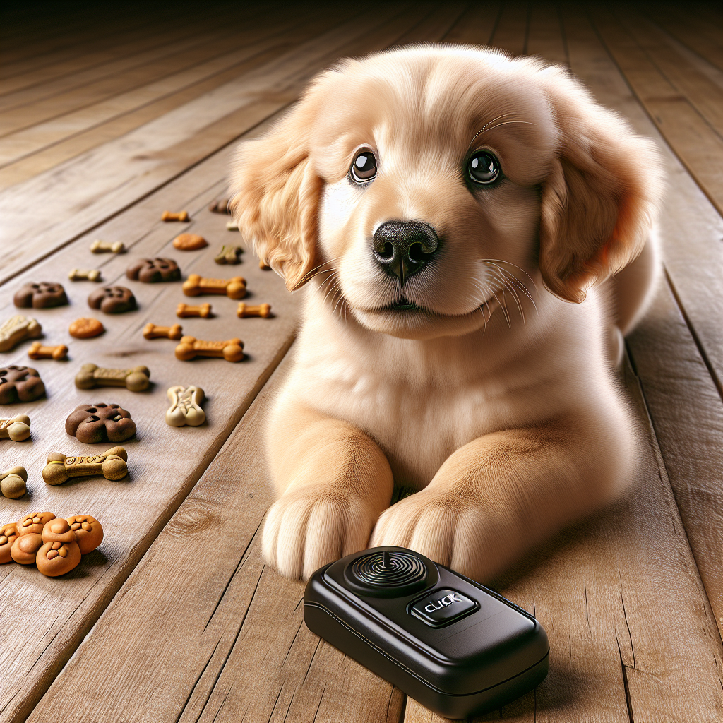 A golden retriever puppy with a clicker and colorful dog treats on a training table.