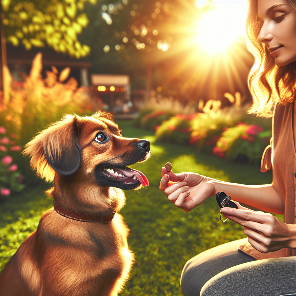 A dog and trainer engaging in clicker training in a sunny park.