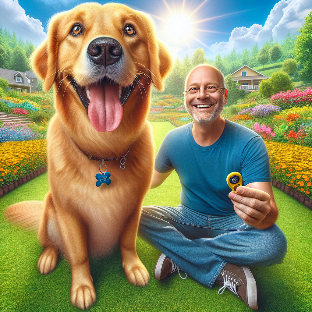 A dog trainer with a golden retriever in a sunny park, holding a clicker and a treat.