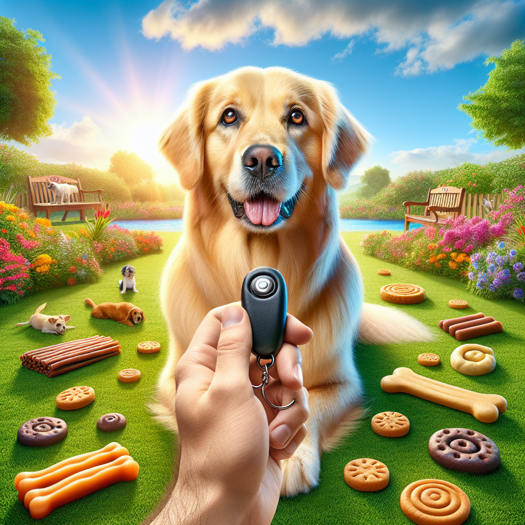 A happy golden retriever dog in a sunny park, engaged in clicker training with treats scattered around.