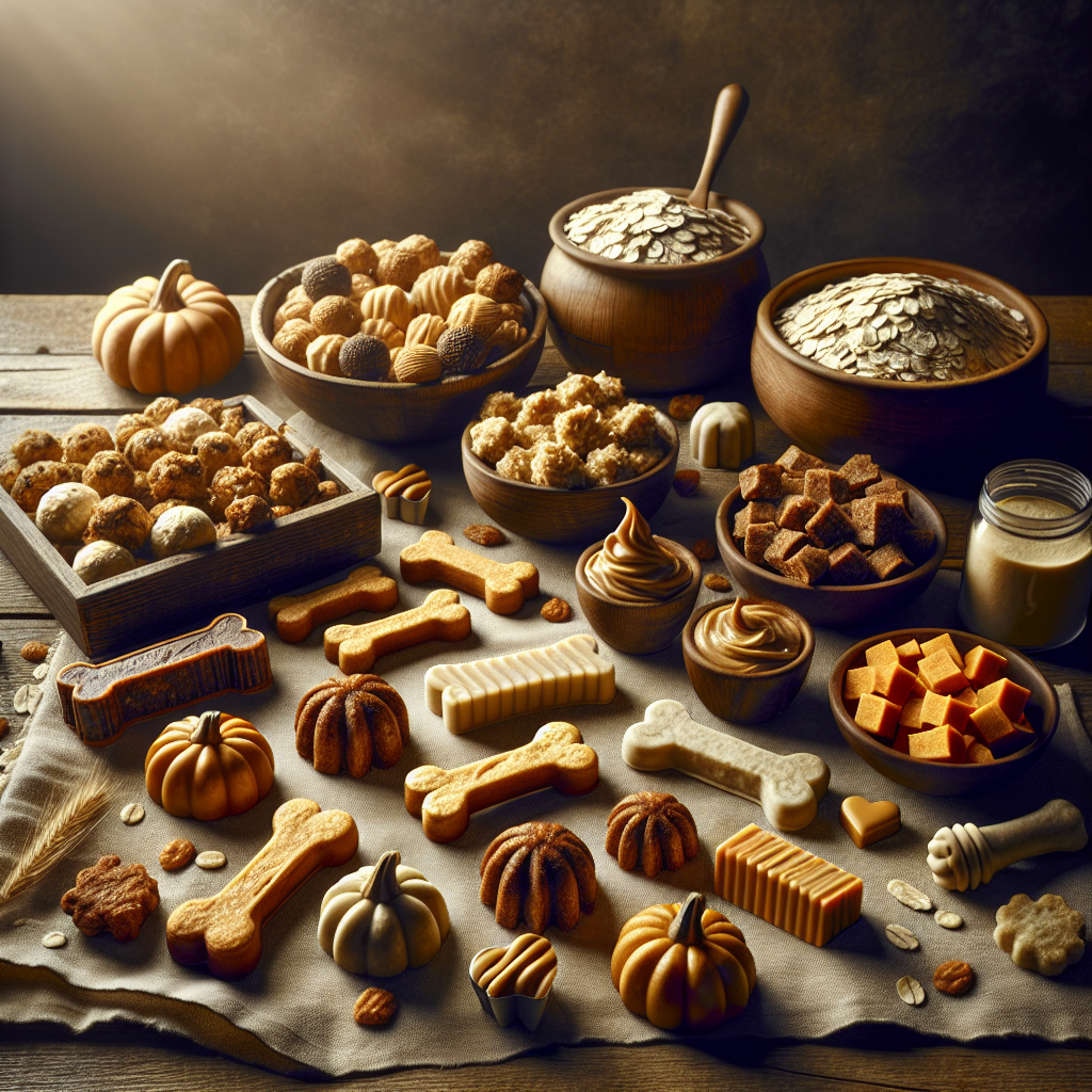 An assortment of homemade dog treats on a wooden table with ingredients like oats, peanut butter, and pumpkin.