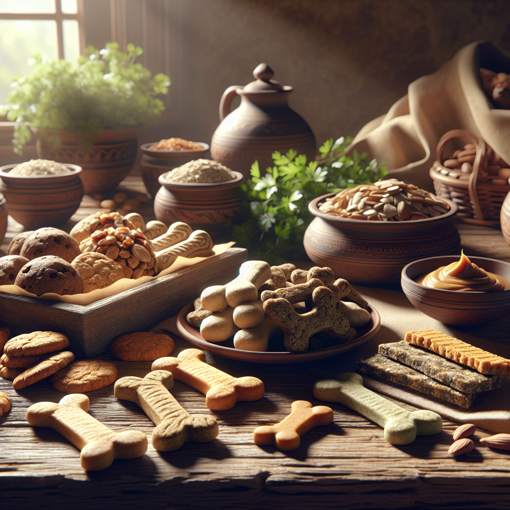 A variety of homemade dog treats on a wooden table.