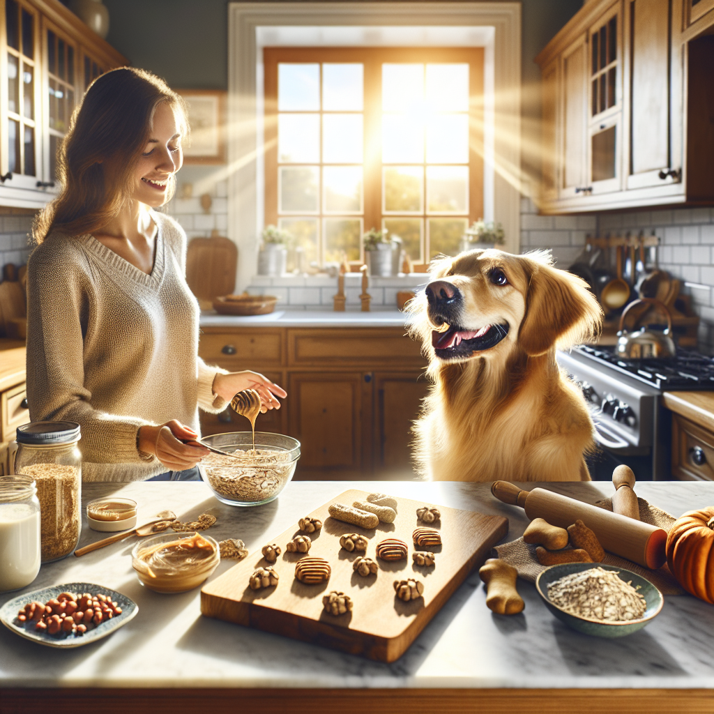 A dog owner preparing homemade dog treats in a cozy kitchen with a golden retriever nearby.