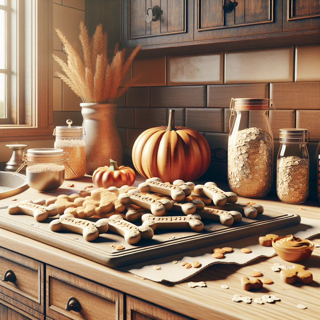 A cozy kitchen scene with homemade dog treats on a wooden tray and healthy ingredients like oats and pumpkin.