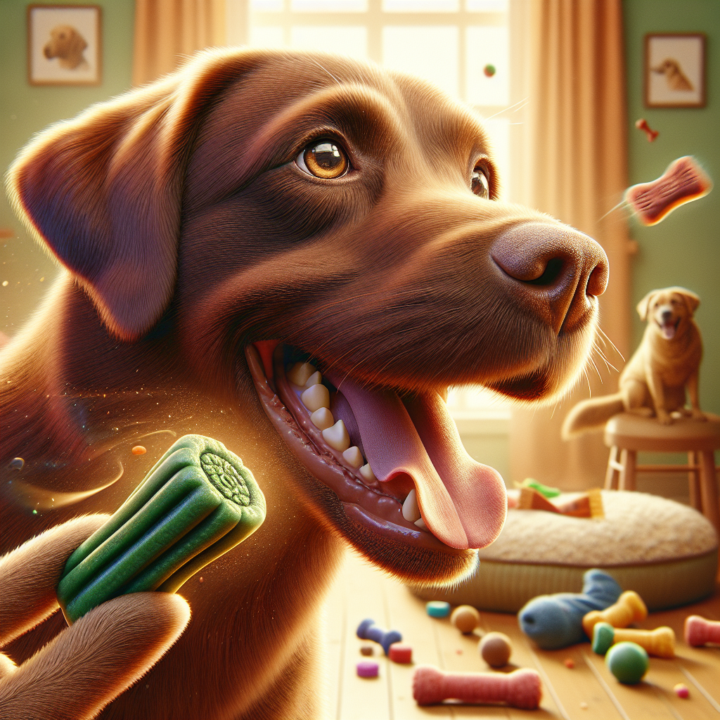 A brown Labrador retriever happily chewing on a dog dental chew.