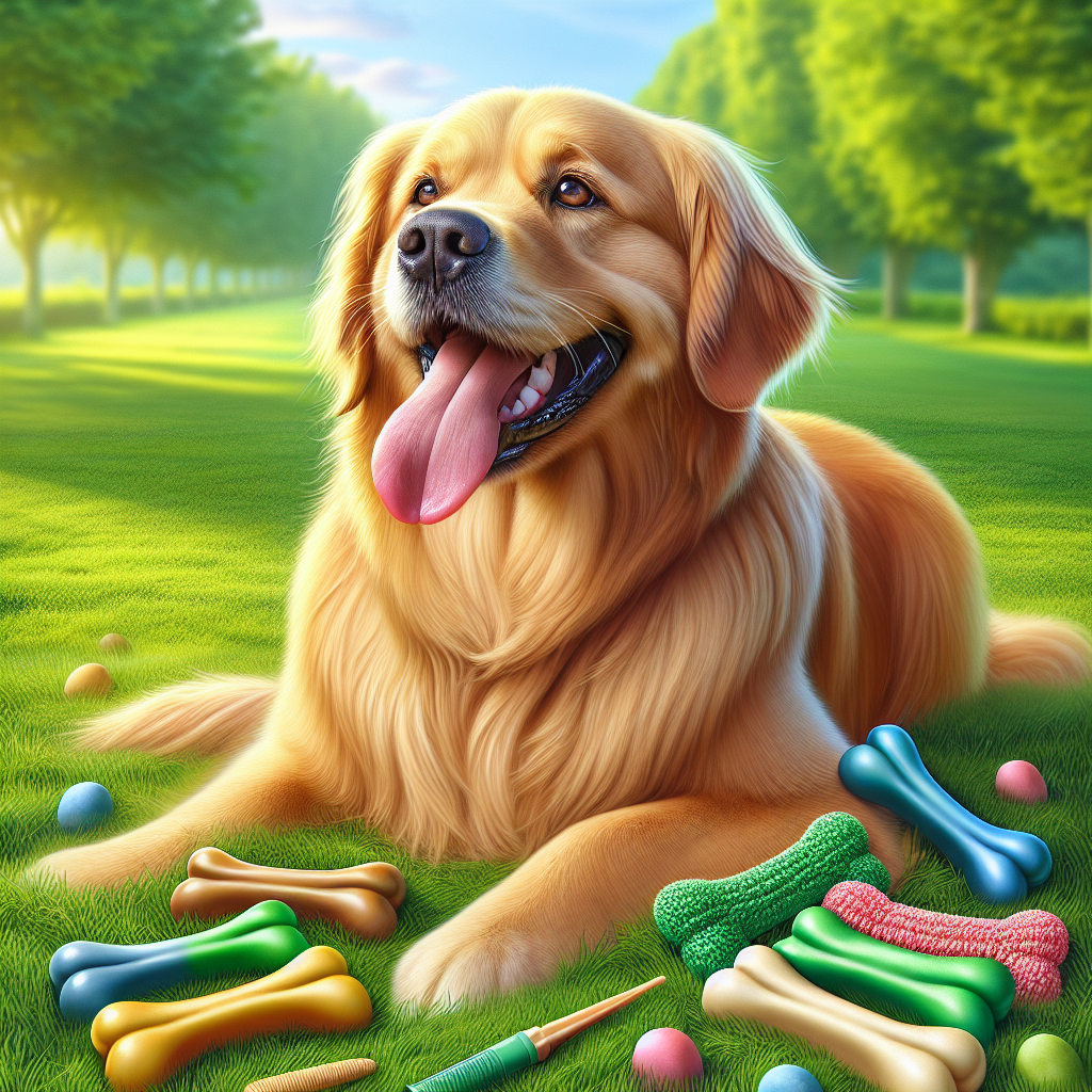 A happy Golden Retriever dog on a grass lawn with colorful dental chews scattered around.