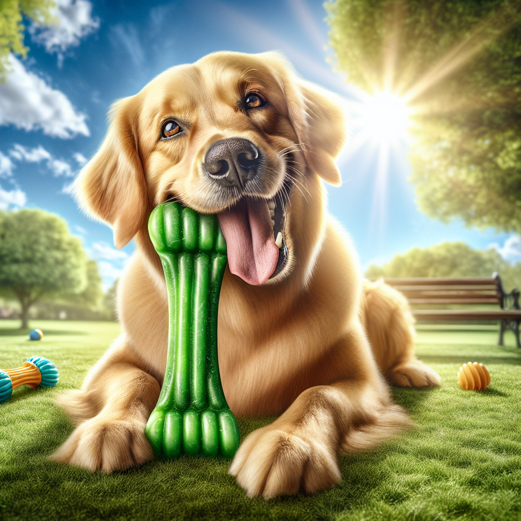 A medium-sized happy dog chewing on a colorful dental chew in a grassy setting.