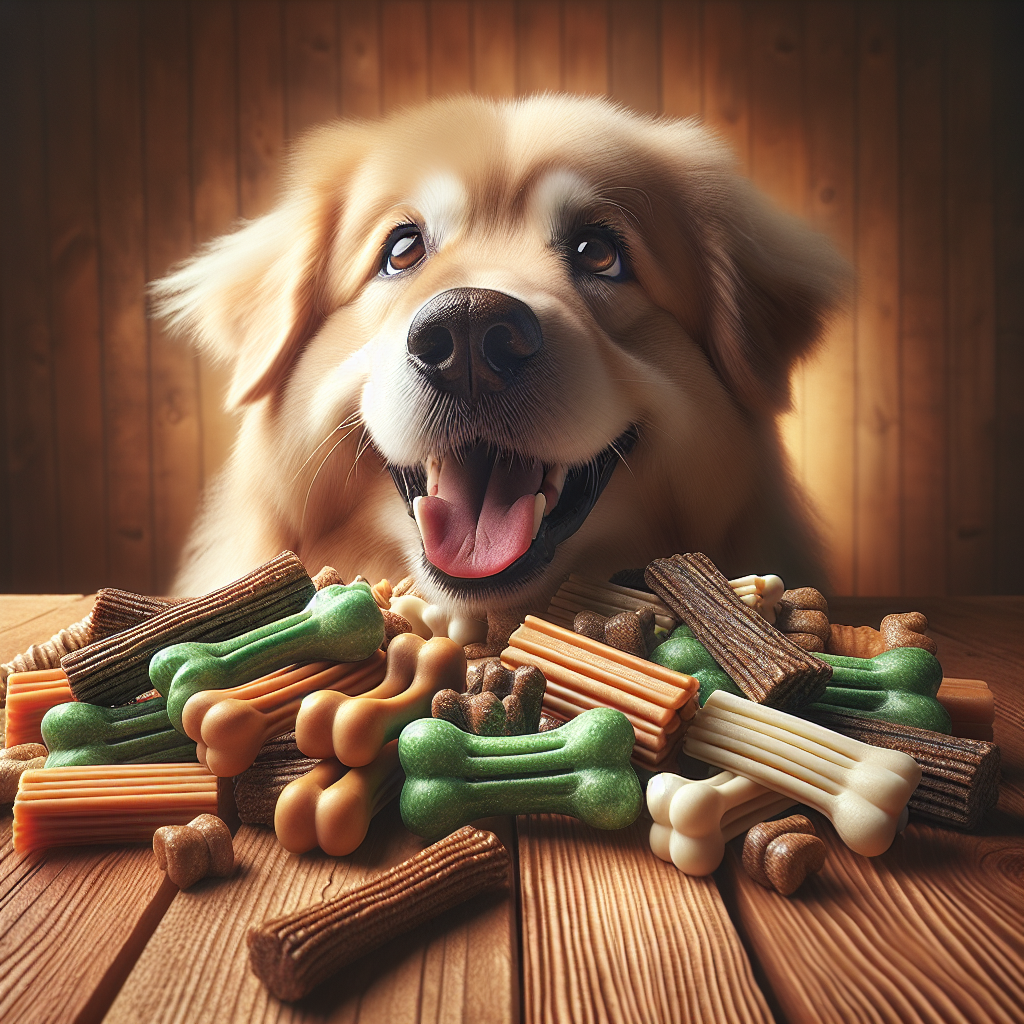 A happy dog next to various dental chews.