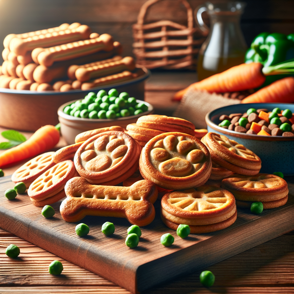 An arrangement of dog mixer biscuits alongside fresh vegetables and a bowl of wet dog food.