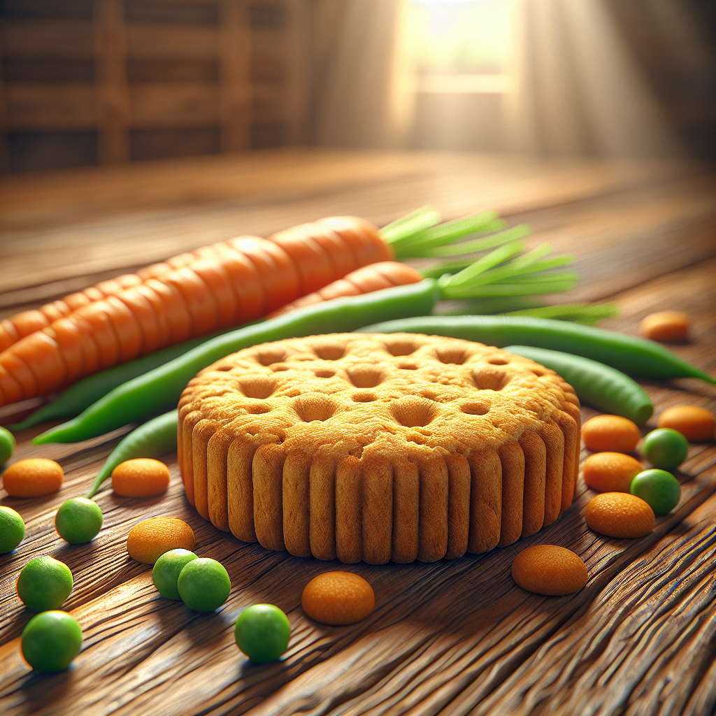 A golden brown dog mixer biscuit surrounded by colorful vegetables on a wooden surface.