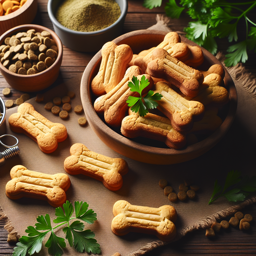 An artistic arrangement of dog mixer biscuits on a wooden surface with fresh ingredients.