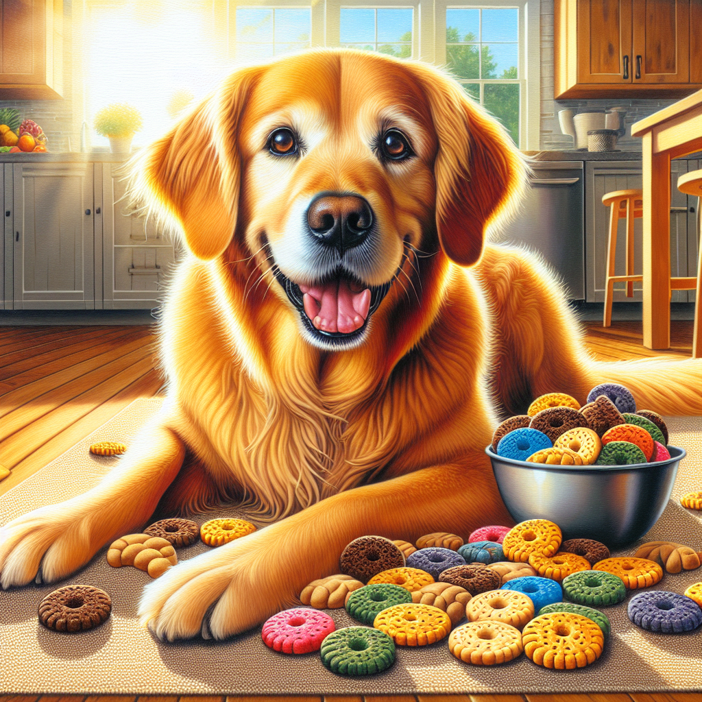 A Golden Retriever dog enjoying colorful dog mixer biscuits in a modern kitchen.