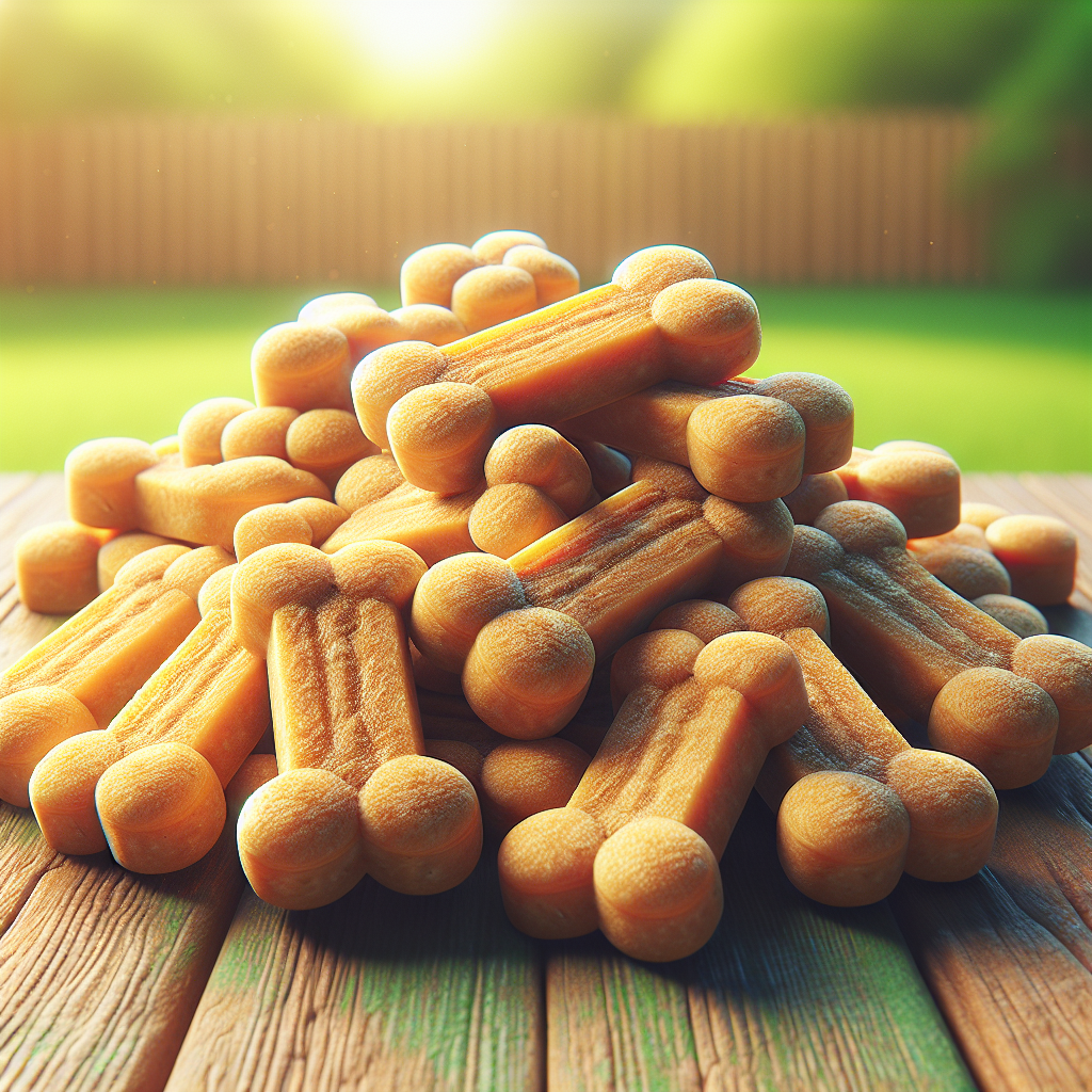 An assortment of Milk Bone joint treats on a wooden surface with a green backyard in the background.