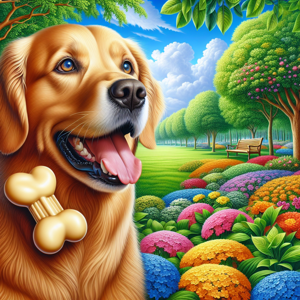 A happy Golden Retriever sitting in a park with flowers, enjoying a treat.