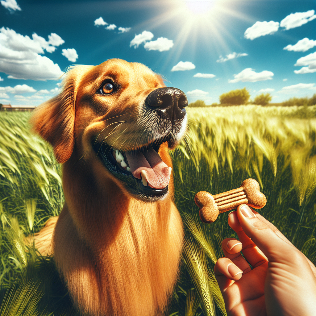 A golden retriever dog sitting on grass, looking at a bone-shaped treat in a human hand.