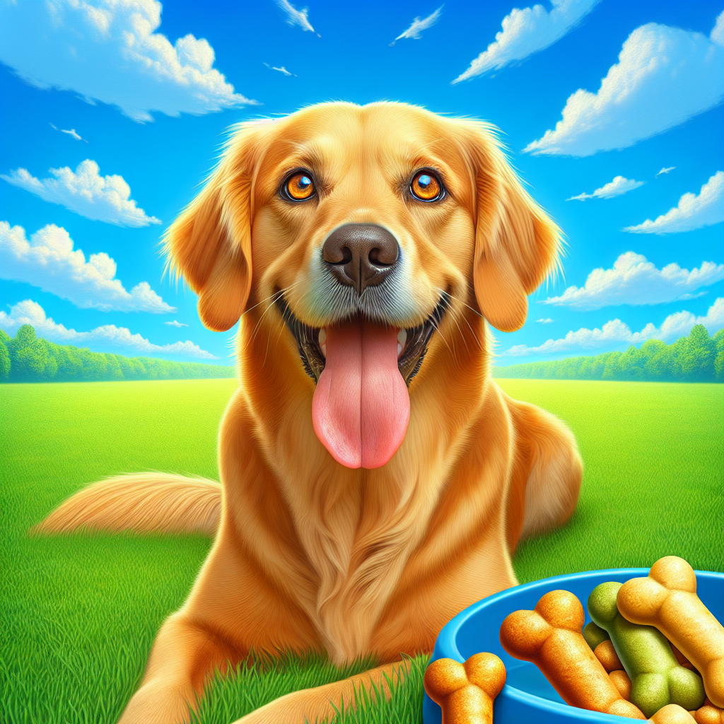 A happy golden retriever dog sitting in a grassy field with milk bone joint treats.