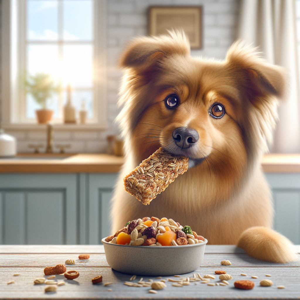 A happy dog enjoying a fiber-rich treat in a cozy kitchen setting.