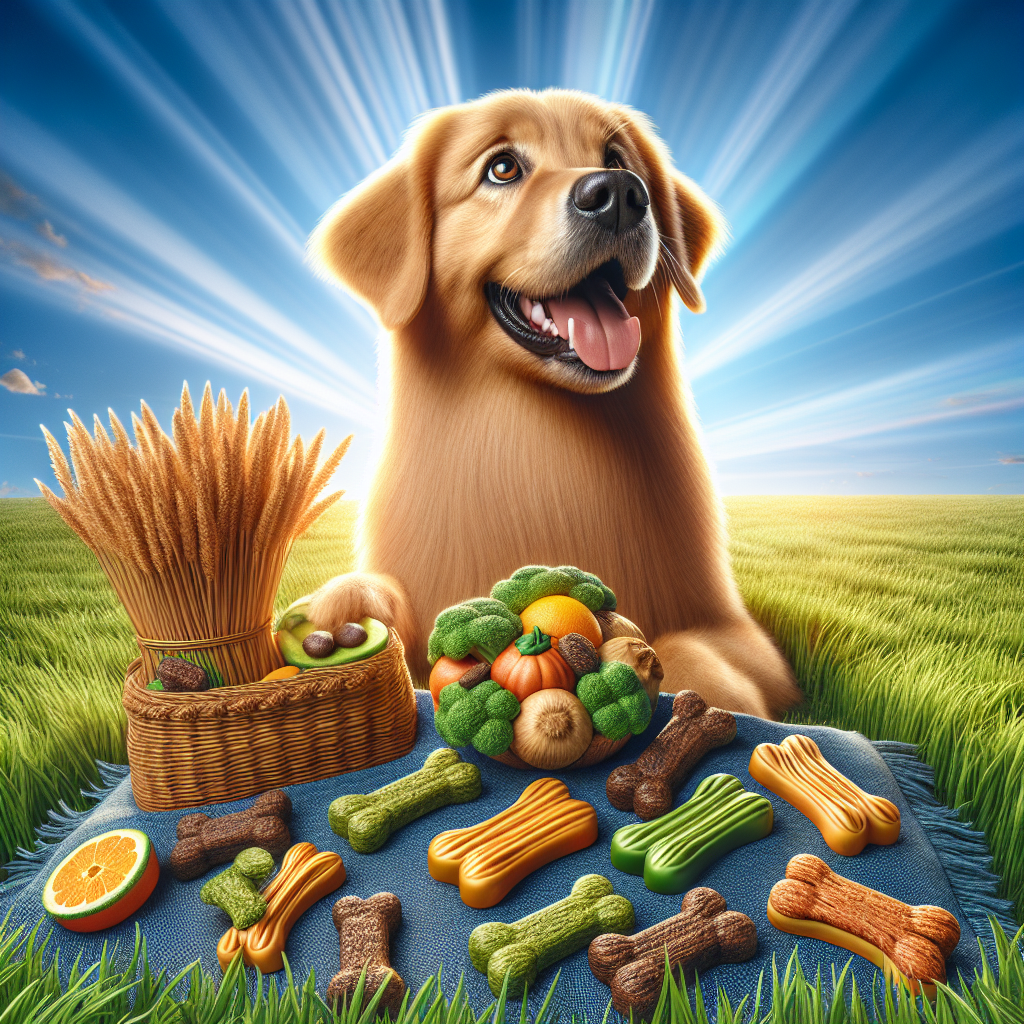 A happy golden retriever sitting on grass surrounded by colorful fiber-rich dog treats.