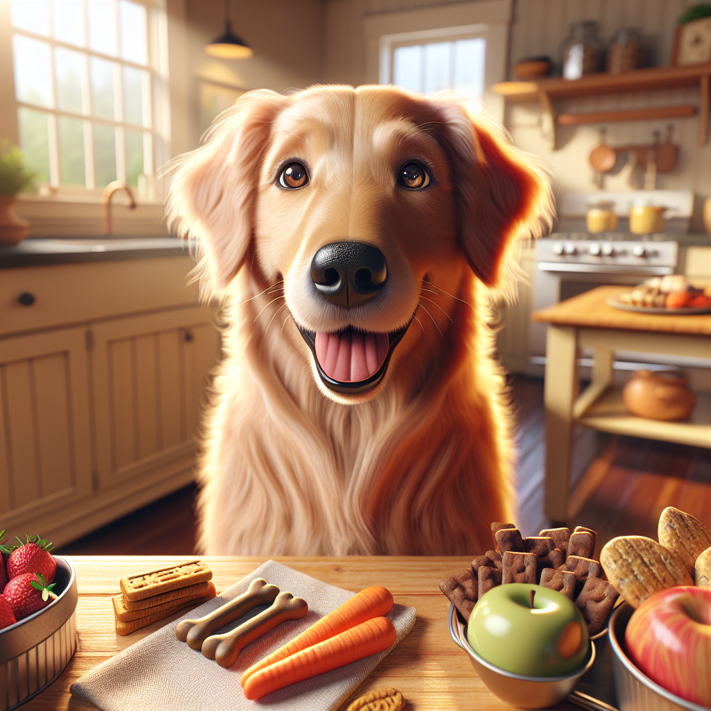 A happy golden retriever in a kitchen with colorful dog treats.