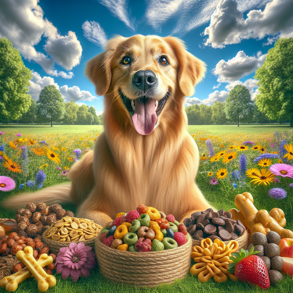 A happy golden retriever surrounded by wildflowers and fibrous dog treats.