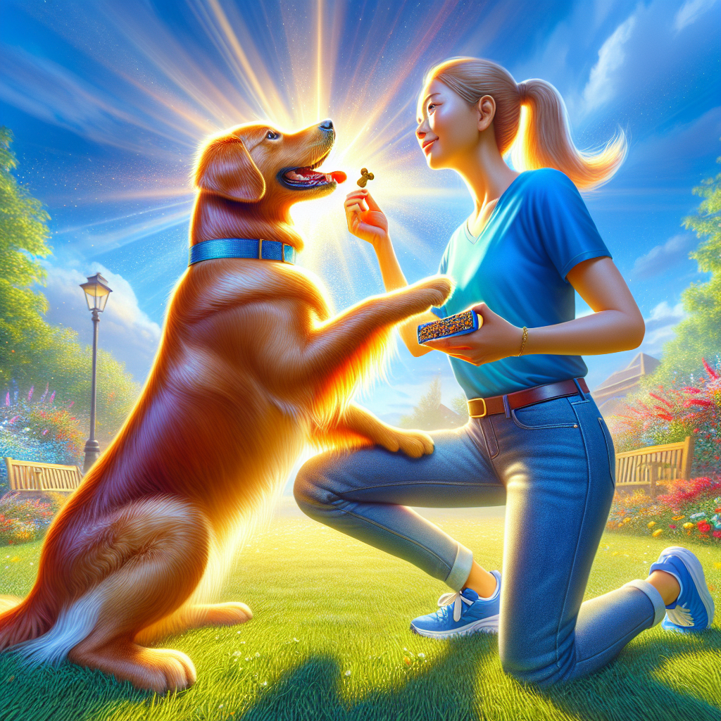 A young woman training a golden retriever in a sunny park with a treat.