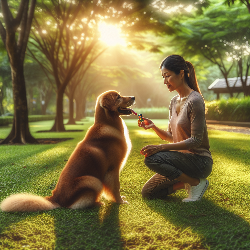 A dog training session with a golden retriever and its owner in a park.