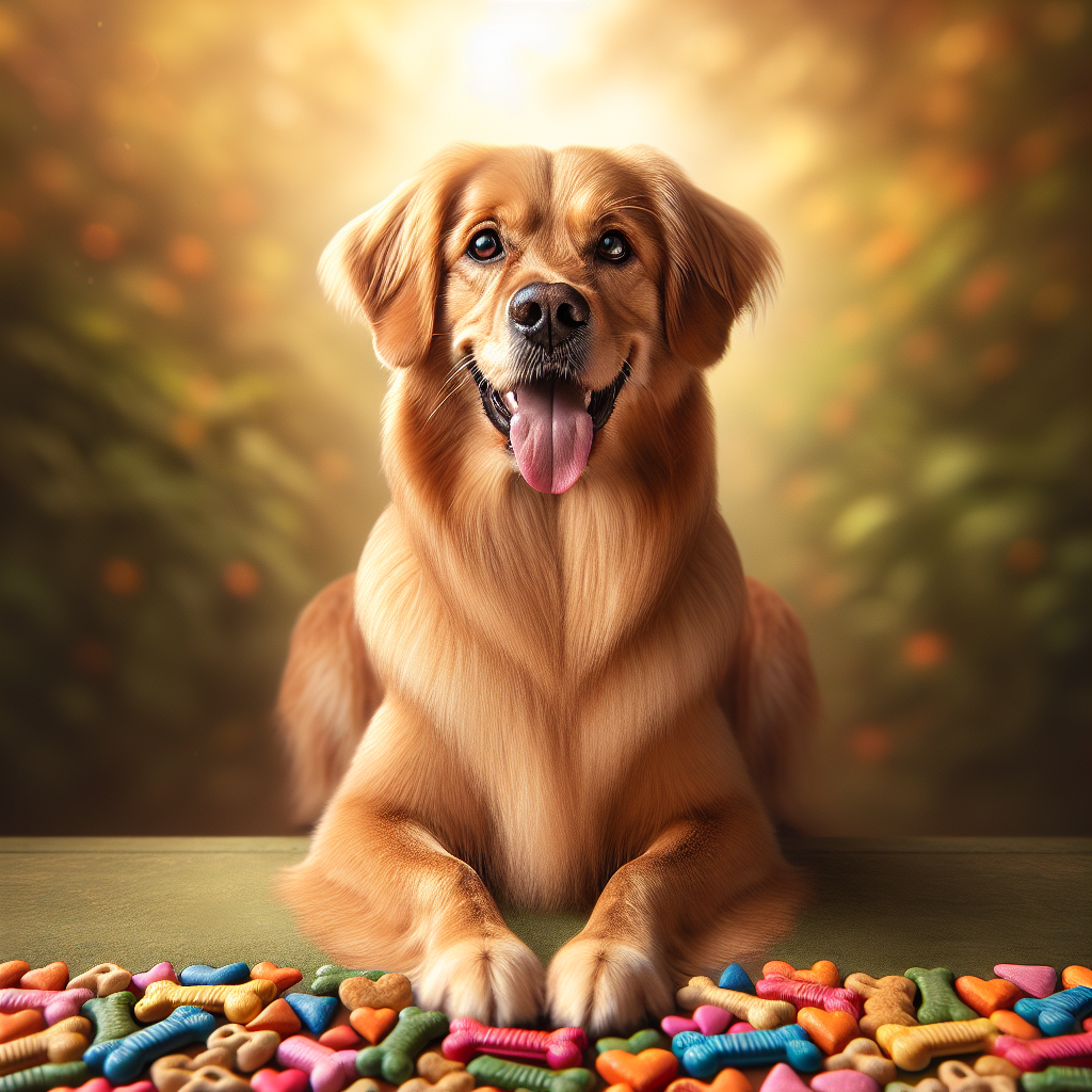 A medium-sized golden retriever mix dog happily surrounded by colorful dog treats.