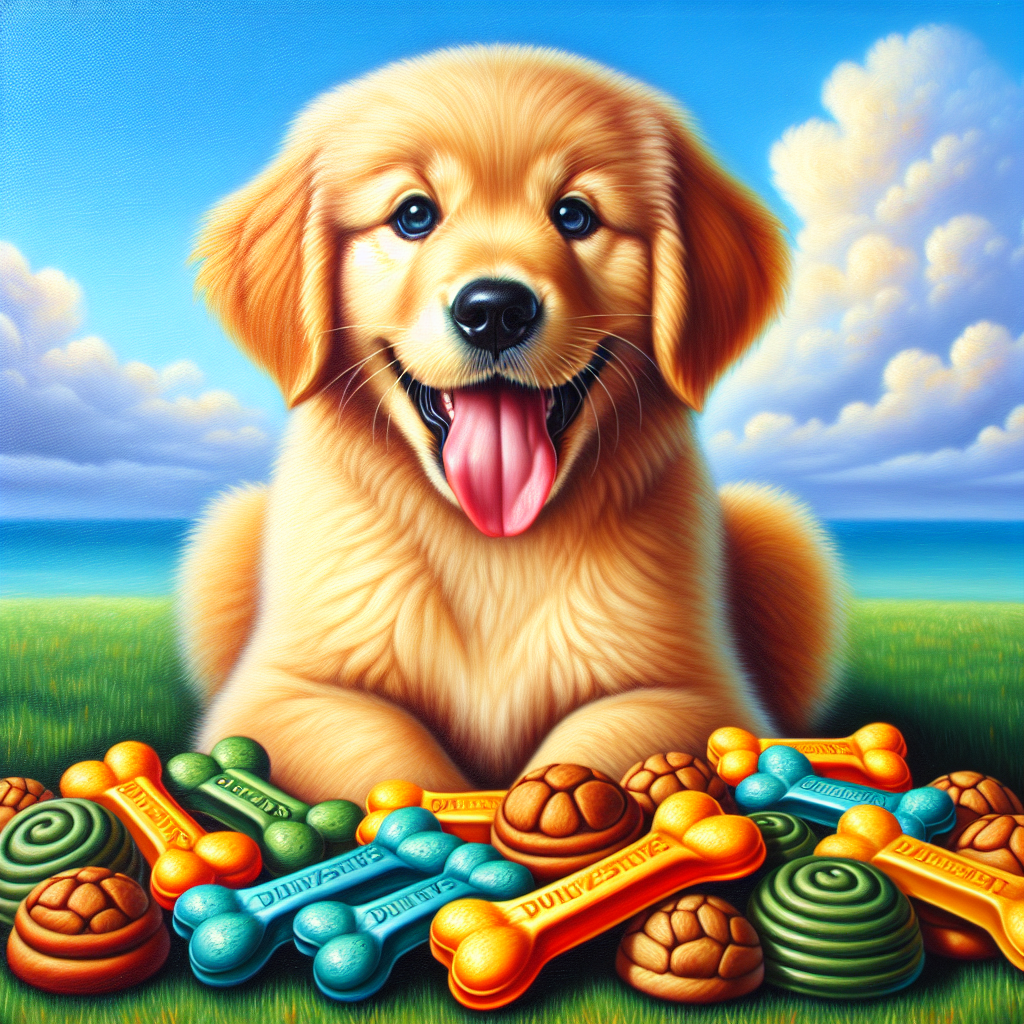 A playful golden retriever puppy with colorful dog treats on a green lawn.