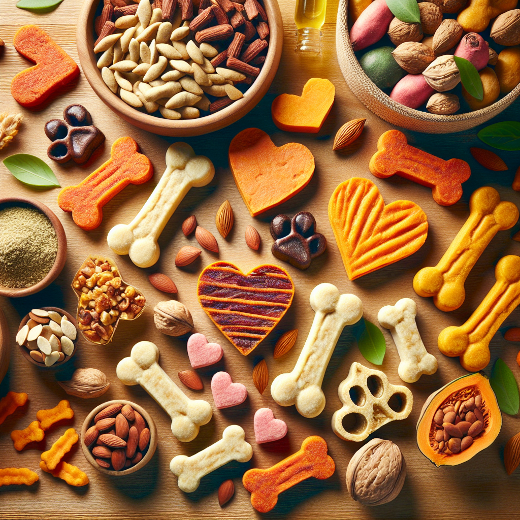 An arrangement of various Burp Dog Treats on a wooden surface.