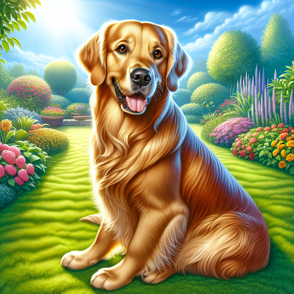 A Golden Retriever dog sitting on a green lawn in a sunny garden.