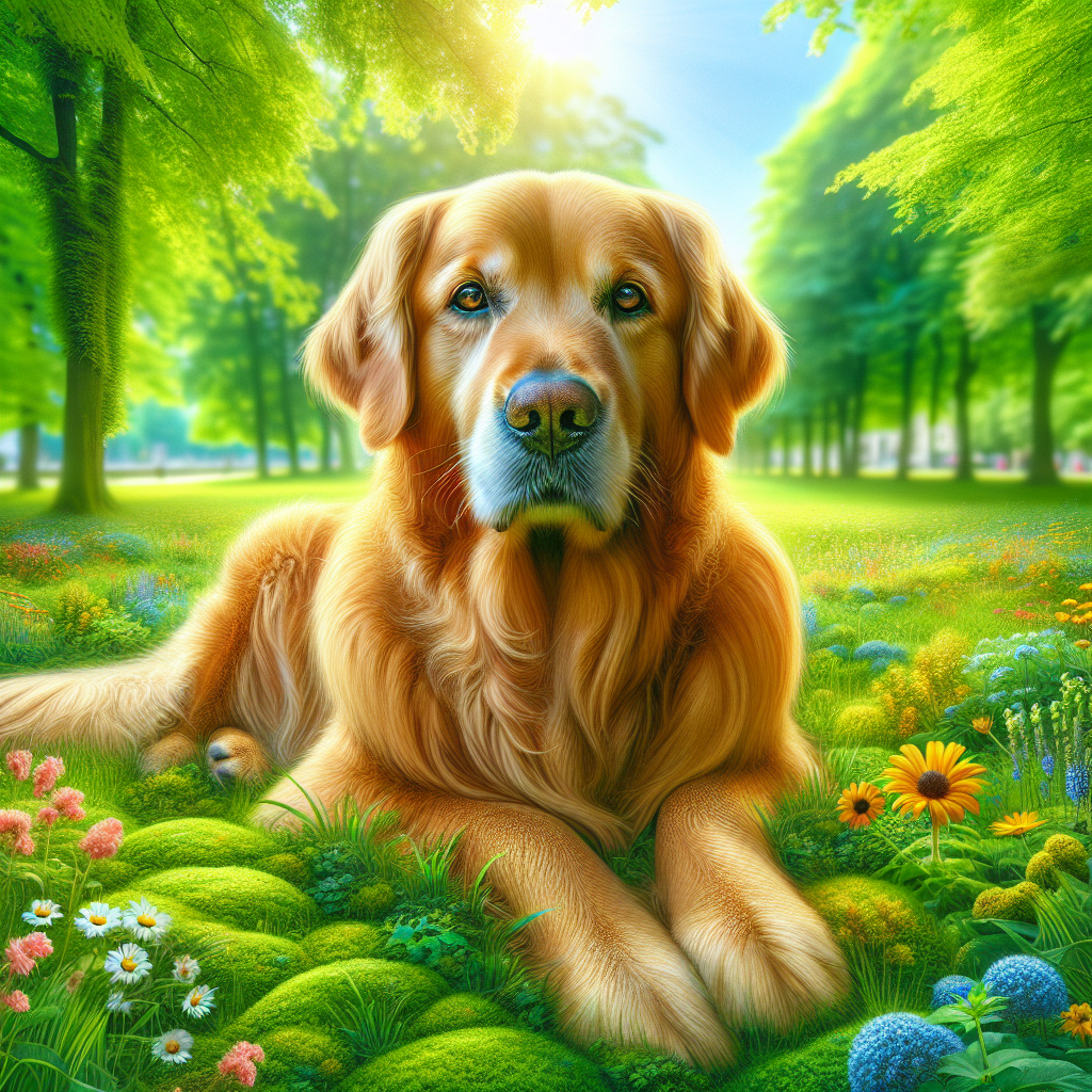 A healthy Golden Retriever sitting in a green park, symbolizing well-being.