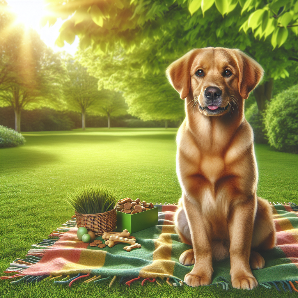 A happy dog with shiny fur sitting on grass, surrounded by dog treats.